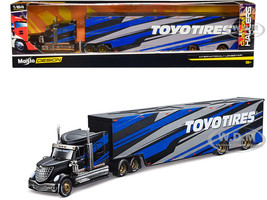 International LoneStar Enclosed Car Transporter Toyo Tires Black with Blue and Gray Stripes Custom Haulers Series 1/64 Diecast Model Maisto 12418-TO