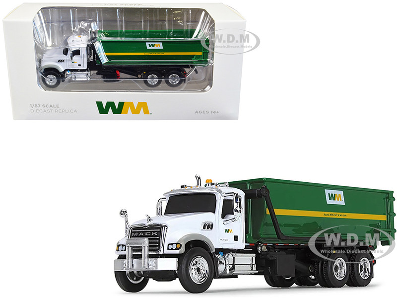 Mack Granite MP Refuse Garbage Truck with Tub Style Roll  Off Container Waste Management White and Green 1/87 HO Diecast Model First Gear 80-0356D