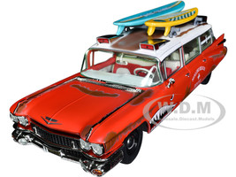 1959 Cadillac Eldorado Ambulance Red with White Top Malibu Beach Rescue Weathered with Surfboards on Roof Surf Shark 1/18 Diecast Model Car Auto World AW312
