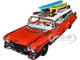 1959 Cadillac Eldorado Ambulance Red with White Top Malibu Beach Rescue Weathered with Surfboards on Roof Surf Shark 1/18 Diecast Model Car Auto World AW312
