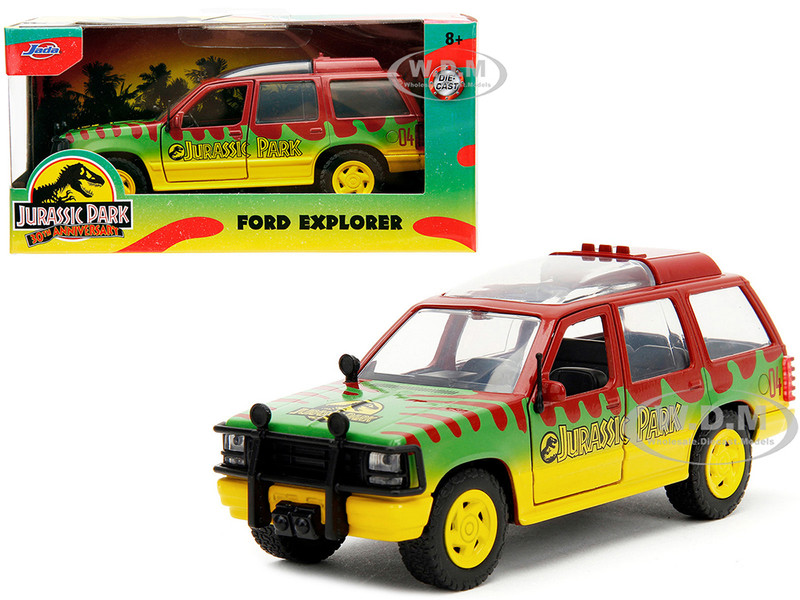 Ford Explorer Red and Yellow with Green Graphics Jurassic Park 1993 Movie 30th Anniversary Hollywood Rides Series 1/32 Diecast Model Car Jada JA31956