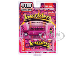 1965 Chevrolet Suburban Lowrider Magenta Metallic with Graphics and American Diorama Lowrider Enthusiast Diecast Figure Lowriders Limited Edition to 3600 pieces Worldwide 1/64 Diecast Model Car Auto World CP8021