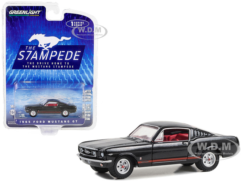1965 Ford Mustang GT Raven Black with Red Stripes and Red Interior The Drive Home to the Mustang Stampede Series 1 1/64 Diecast Model Car Greenlight 13340A