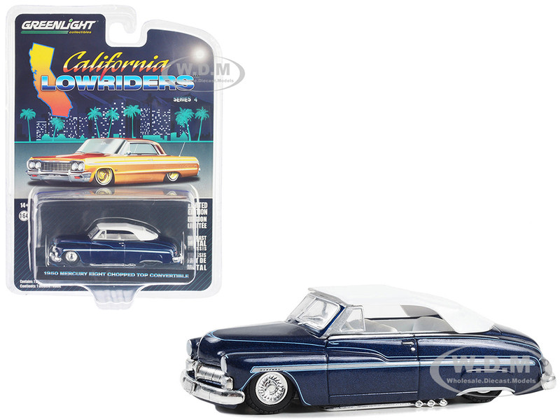 1950 Mercury Eight Chopped Top Convertible Lowrider Dark Blue Metallic with Light Blue Pinstripes and White Top and Interior California Lowriders Series 4 1/64 Diecast Model Car Greenlight 63050B