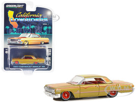 1963 Chevrolet Impala SS Lowrider Gold Metallic with Red Graphics and Interior California Lowriders Series 4 1/64 Diecast Model Car Greenlight 63050C