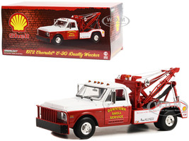 1972 Chevrolet C 30 Dually Wrecker Tow Truck Downtown Shell Service Service is Our Business White and Red 1/18 Diecast Model Car Greenlight 13654