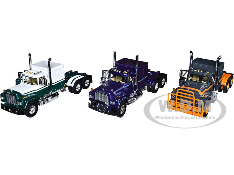 Mack R Sleeper Trio Set of 3 Truck Tractors in Gray Purple and Green 1/64 Diecast Models DCP/First Gear 60-1251