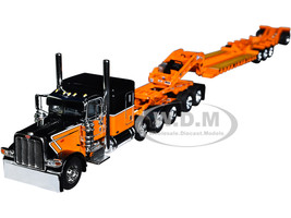Peterbilt 389 with 63 Flat Top Sleeper and Fontaine Magnitude Tri Axle Lowboy Trailer with Jeep and Stinger Black and Orange 1/64 Diecast Model DCP/First Gear 60-1608