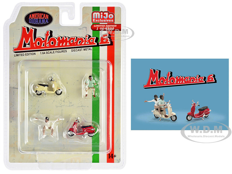 Motomania 6 4 piece Diecast Figure Set 2 Figures 2 Scooters Limited Edition to 4800 pieces Worldwide 1/64 Scale Models American Diorama AD-76515MJ