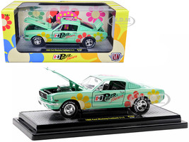 1966 Ford Mustang Fastback 2 2 Seafoam Green and Light Green Striped with Flower Graphics Hurst Power Flowers Limited Edition to 6550 pieces Worldwide 1/24 Diecast Model Car M2 Machines 40300-103B