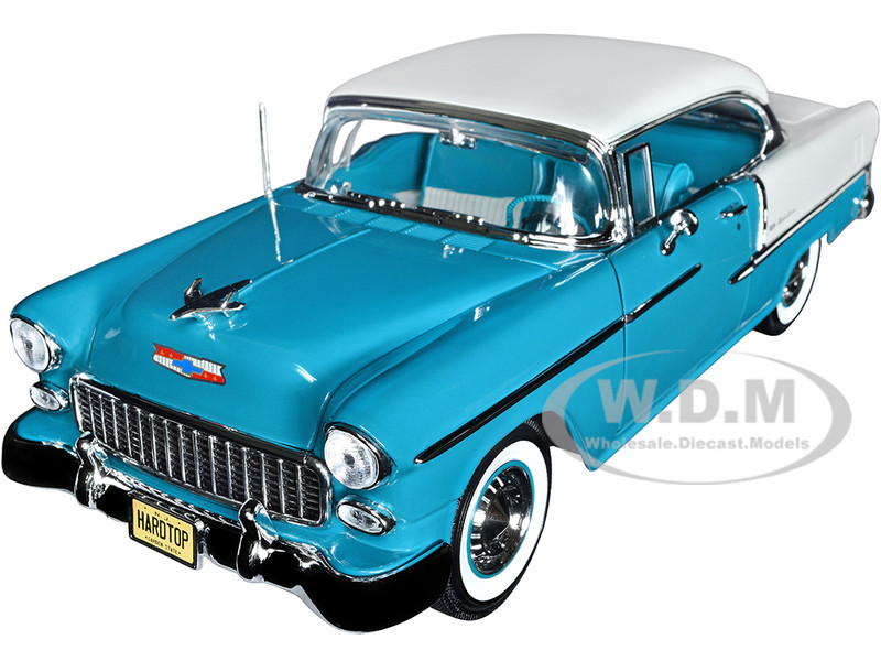 1955 Chevrolet Bel Air Skyline Blue and India Ivory White Hemmings Classic Car Magazine Cover Car American Muscle Series 1/18 Diecast Model Car Auto World AMM1295