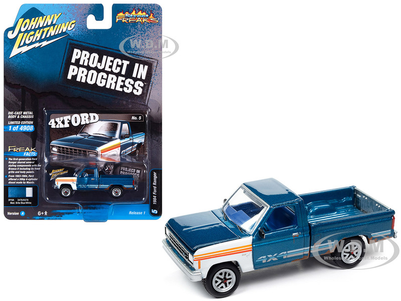 1984 Ford Ranger 4x4 Pickup Truck Medium Brite Blue Metallic with Mismatched Panels Project in Progress Limited Edition to 4908 pieces Worldwide Street Freaks Series 1/64 Diecast Model Car Johnny Lightning JLSF025-JLSP297A