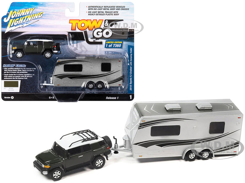 2010 Toyota FJ Cruiser Dark Green with White Top and Roof Rack with Camping Trailer Limited Edition to 7360 pieces Worldwide Tow & Go Series 1/64 Diecast Model Car Johnny Lightning JLBT017-JLSP315B