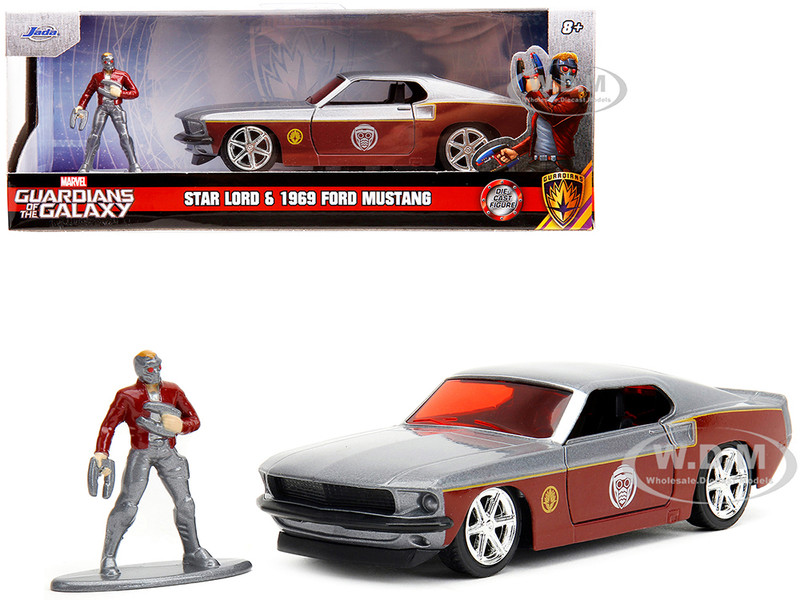 1969 Ford Mustang Silver Metallic and Dark Red and Star Lord Diecast Figure Marvel Guardians of the Galaxy Hollywood Rides Series 1/32 Diecast Model Car Jada 33077