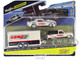 1979 Chevrolet K5 Blazer White and Black and 1968 Chevrolet Camaro Z 28 White with Stripes with Enclosed Car Trailer Comp Cams Edlebrock Team Haulers Series 1/64 Diecast Model Car Maisto 11404-22A