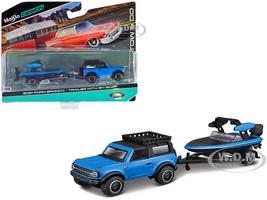 2021 Ford Bronco Blue with Black Top and Roof Rack and Ski Boat with Trailer Blue and Black Tow & Go Series 1/64 Diecast Model Car Maisto 15368-22D