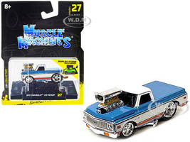 1972 Chevrolet C10 Pickup Truck Blue and White with Stripes 1/64 Diecast Model Car Muscle Machines 15567BL