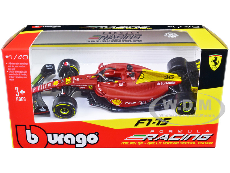 Ferrari F1 75 16 Charles Leclerc Giallo Modena 2nd Place Formula One F1 Italian GP 2022 Formula Racing Series 1/43 Diecast Model Car Bburago 36832CLMZ