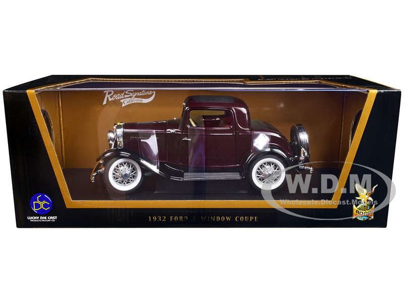 1932 Ford 3 Window Coupe Burgundy with Black Top 1/18 Diecast Model Car Road Signature 92248bur