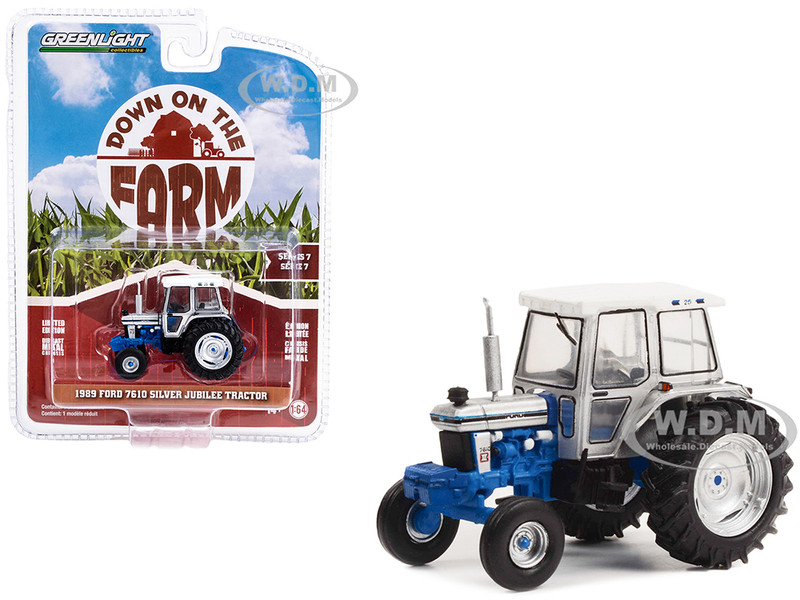 1989 Ford 7610 Silver Jubilee Tractor Silver and Blue with White Top Down on the Farm Series 7 1/64 Diecast Model Cars Greenlight 48070E