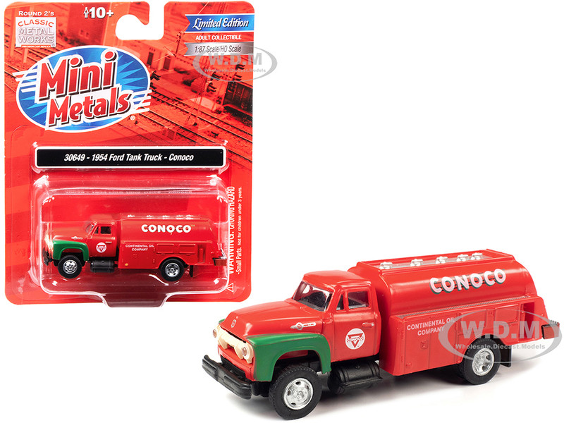 1954 Ford Tanker Truck Red and Green Conoco 1/87 (HO) Scale Model Classic Metal Works 30649