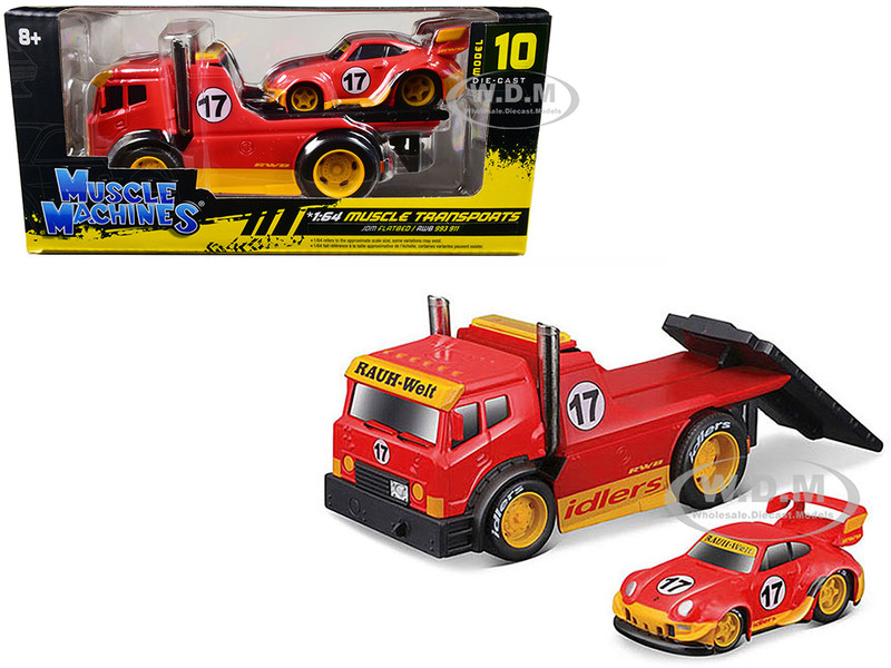 JDM Flatbed Truck #17 Red RAUH Welt BEGRIFF and Porsche RWB 911 993 #17 Red Muscle Transports Series 1/64 Diecast Models Muscle Machines 11543RD
