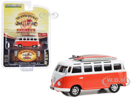 1964 Volkswagen Samba Bus Orange and White with Surfboards The Busted Knuckle Garage Service & Sales Busted Knuckle Garage Series 2 1/64 Diecast Model Car Greenlight 39120D