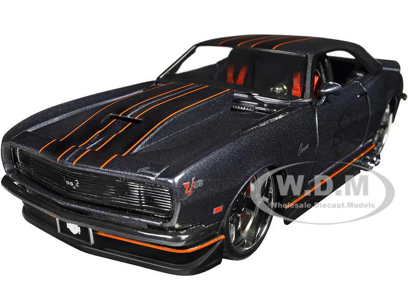 1968 Chevrolet Camaro Z 28 Dark Gray Metallic with Black and Orange Stripes Harley Davidson H D Custom 1/24 Diecast Model Car Maisto MA32273