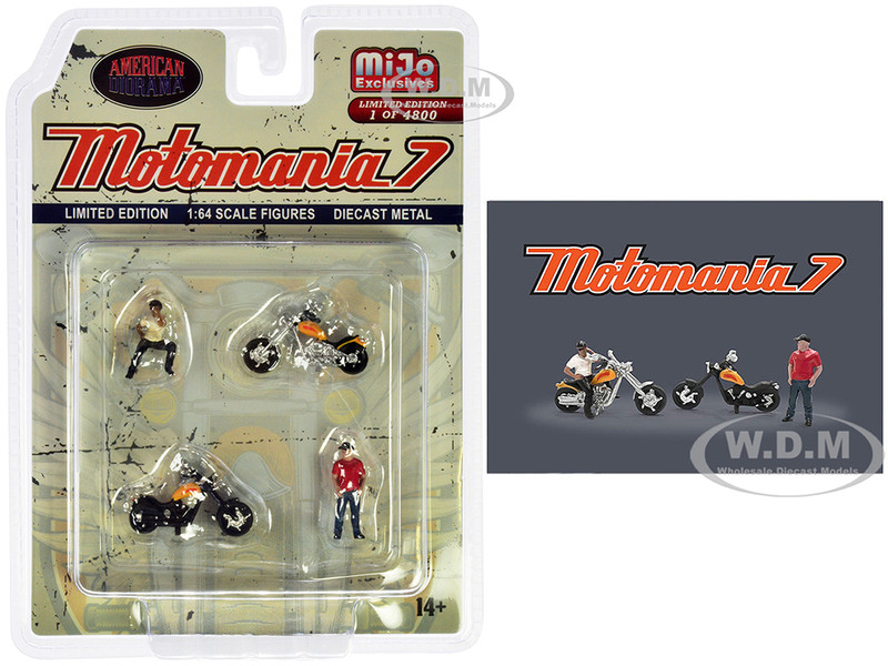 Motomania 7 4 piece Diecast Figure Set 2 Figures 2 Motorcycles Limited Edition to 4800 pieces Worldwide for 1/64 Scale Models American Diorama AD-76520MJ