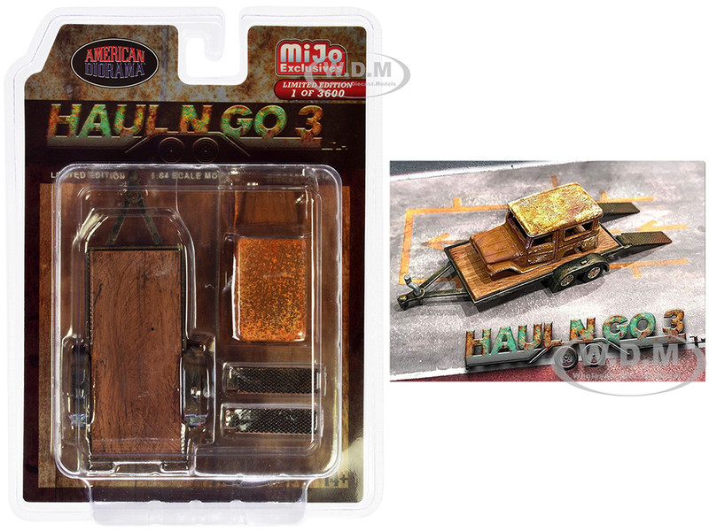 Haul N Go 3 4 piece Diecast Model Set 1 Flatbed Trailer 1 Abandoned Car 2 Ramps Limited Edition to 3600 pieces Worldwide for 1/64 Scale Models American Diorama AD-76522MJ