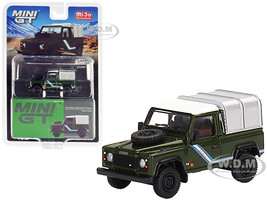 Land Rover Defender 90 Pickup Truck Bronze Green with White Top and Silver Camper Shell Limited Edition to 1200 pieces Worldwide 1/64 Diecast Model Car True Scale Miniatures MGT00402