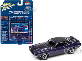1970 Dodge Challenger R T Plum Crazy Purple Metallic with Black Top and Hood USPS United States Postal Service Pop Culture 2023 Release 2 1/64 Diecast Model Car Johnny Lightning JLPC012-JLSP331