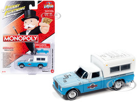 1960 Studebaker Pickup Truck Light Blue and Blue Two Tone with Camper Water Works with Game Token Monopoly Pop Culture 2023 Release 2 1/64 Diecast Model Car Johnny Lightning JLPC012-JLSP332