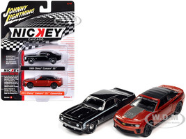 1969 Chevrolet Camaro SS Black with White Stripes and 2013 Chevrolet Camaro ZL1 Convertible Inferno Orange Metallic with Black Top and Stripes Nickey Chicago Set of 2 Cars 2 Packs 2023 Release 1 1/64 Diecast Model Cars byJohnny Lightning JLPK020-JLSP320A