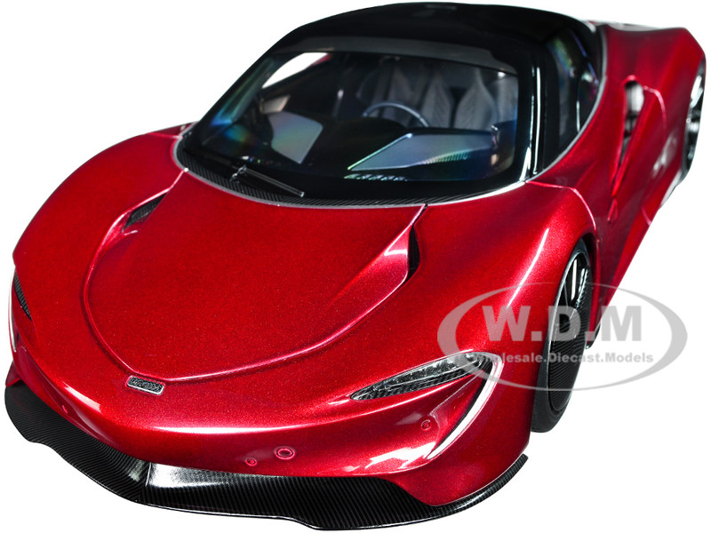 McLaren Speedtail Volcano Red Metallic with Black Top and Suitcase Accessories 1/18 Model Car Autoart 76087