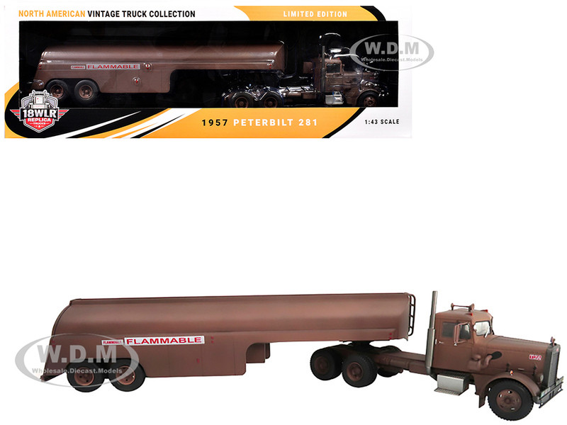 1955 Peterbilt 281 Needlenose Tractor with Tanker Trailer Brown Weathered Duel 1971 Movie 1/43 Diecast Model Big Rig Replicas 43-0430