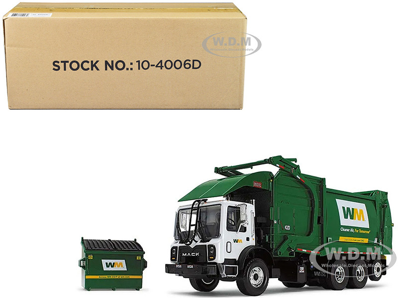 Mack TerraPro Waste Management Refuse Garbage Truck with Heil Half Pack Freedom Front End Loader and CNG Tailgate White and Green with Garbage Bin 1/34 Diecast Model First Gear 10-4006D