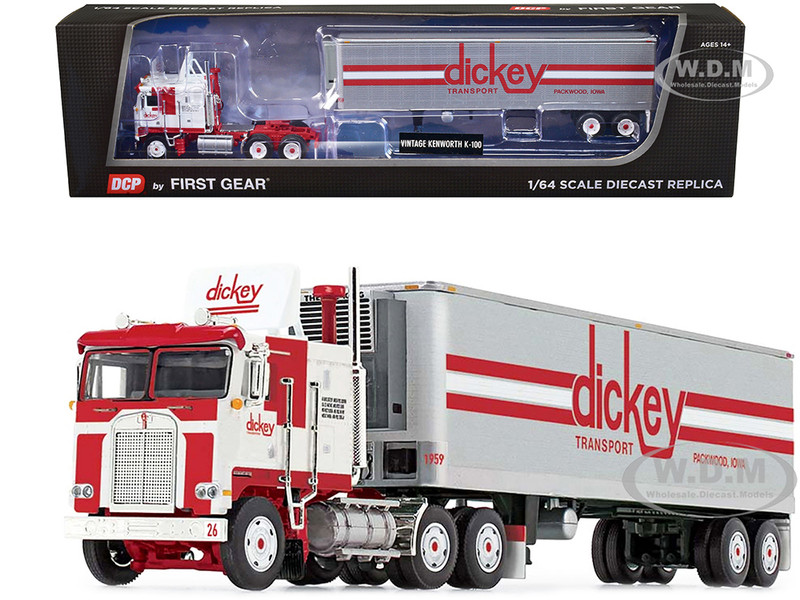 Kenworth K100 COE with 40 Vintage Refrigerated Trailer Dickey Transport White and Red 1/64 Diecast Model by DCP/First Gear 60-1596