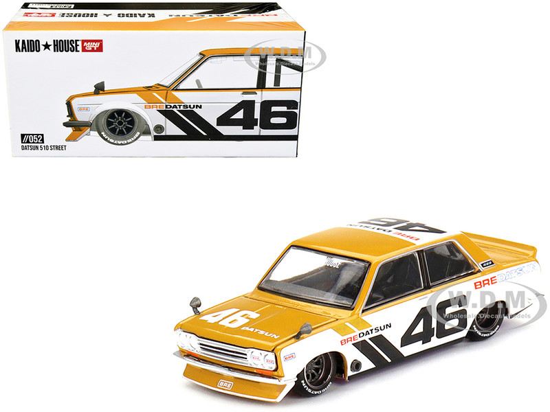 Datsun 510 Street BRE510 V3 RHD Right Hand Drive #46 Gold and White Designed Jun Imai Kaido House Special 1/64 Diecast Model Car Mini GT KHMG052