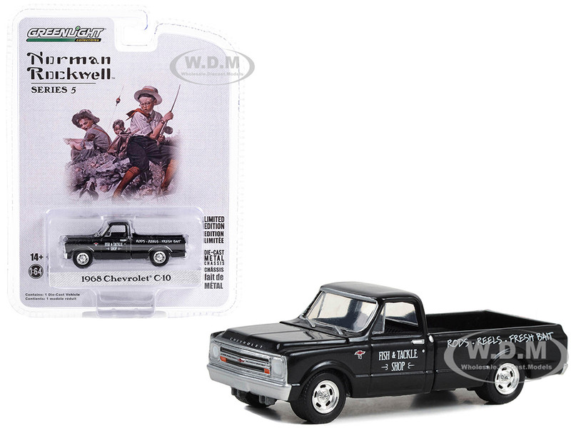 1968 Chevrolet C 10 Pickup Truck Black Fish & Tackle Shop Norman Rockwell Series 5 1/64 Diecast Model Car Greenlight 54080D