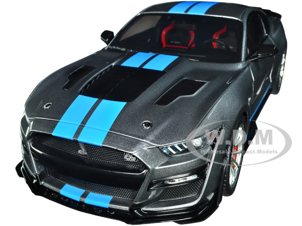 2022 Ford Mustang Shelby GT500 KR Dark Silver Metallic with Blue Stripes  1/18 Diecast Model Car by Solido