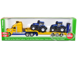 Tractor Truck Yellow with 2 New Holland T7070 Tractors Blue 1/87 HO Diecast Models Siku SK1805
