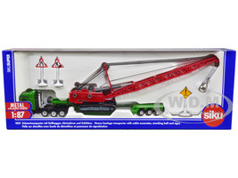 Heavy Haulage Transporter Green and Liebherr Cable Excavator Red with Wrecking Ball and Signs 1/87 HO Diecast Models Siku SK1834