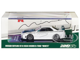 Nissan Skyline GT R R34 Nismo R Tune RHD Right Hand Drive White with Green Carbon Hood Tuned by Mine s 1/64 Diecast Model Car Inno Models IN64-R34RT-MINESGC