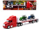 Peterbilt 387 Flatbed Truck Red with 2 Farm Tractors Blue and Green Long Haul Trucker Series 1/32 Diecast Model New Ray 10283A