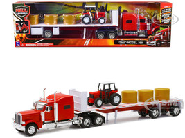 Peterbilt 389 Flatbed Truck Red with Farm Tractor Red and Hay Bales Long Haul Trucker Series 1/32 Diecast Model New Ray 10293A