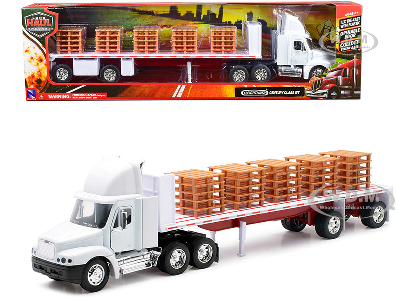 Freightliner Century Class S T Flatbed Truck White with Pallet Accessories Long Haul Trucker Series 1/32 Diecast Model New Ray 10593