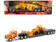 Kenworth W900 Truck with Lowboy Trailer Orange and Wheel Loader Yellow Long Haul Trucker Series 1/32 Diecast Model New Ray 10623