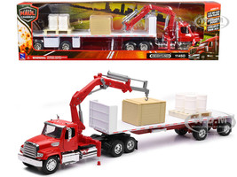Freightliner 114SD Flatbed Truck with Crane Red with Accessories Long Haul Trucker Series 1/32 Diecast Model New Ray 10993
