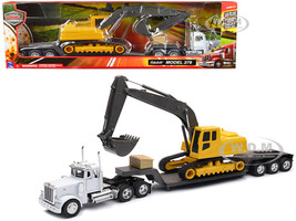 Peterbilt 379 Truck with Lowboy Trailer White and Backhoe Yellow Long Haul Trucker Series 1/32 Diecast Model New Ray 11283C
